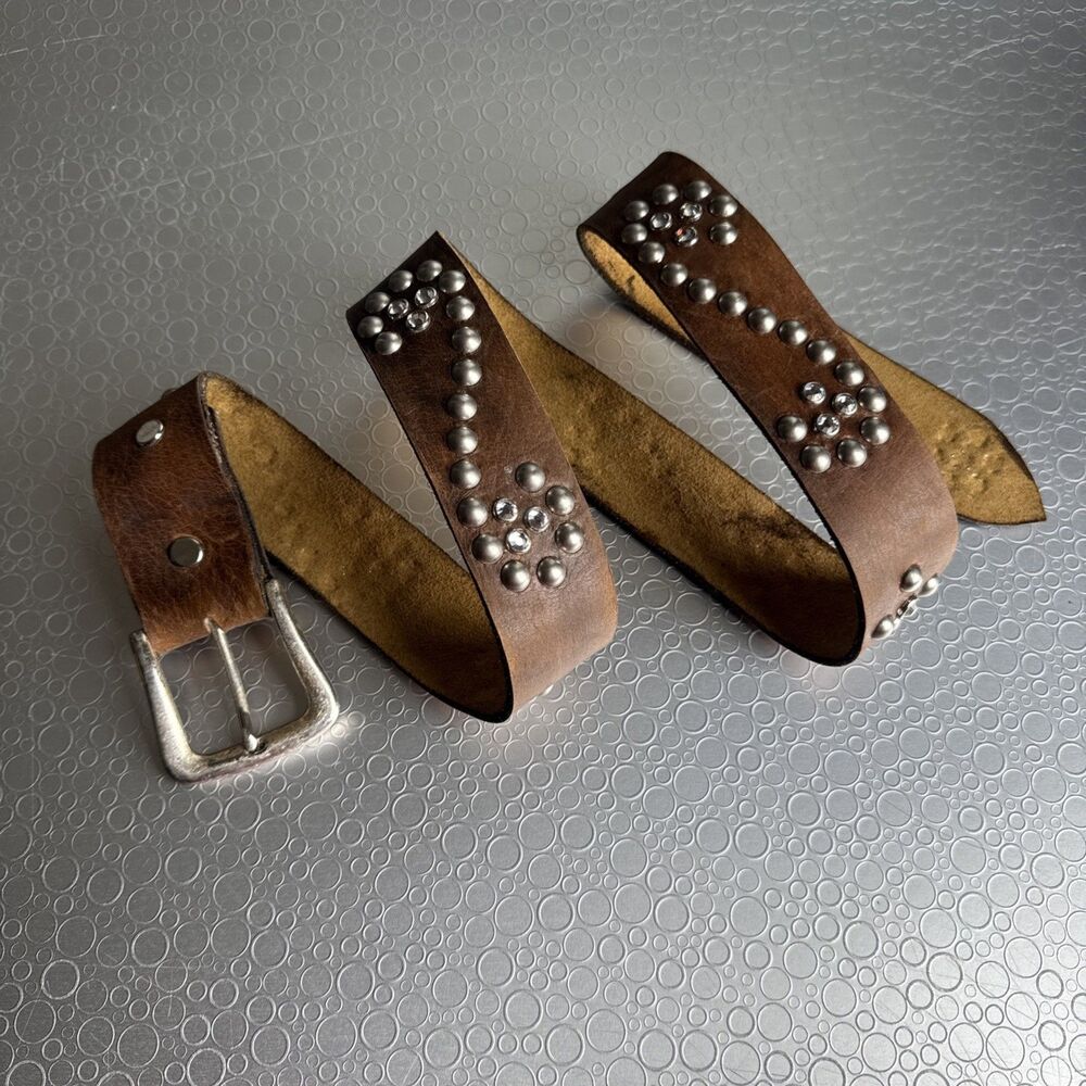 Vintage Brown Leather Studded Rhinestone Belt Y2K Boho Western Festival Size 38